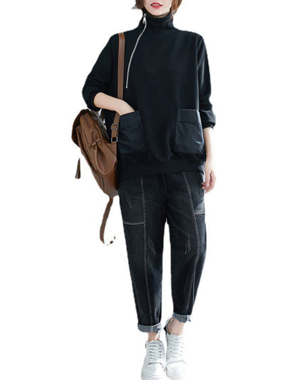 Artistic Retro Loose Zipper High-Neck Long Sleeves Sweatshirt Top