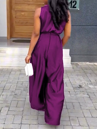 Loose Sleeveless Solid Color Deep V-Neck Jumpsuits