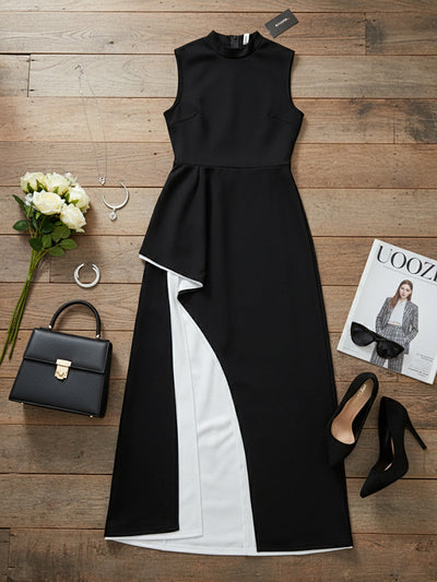 Irregular Clipping Skinny Contrast Color Round-Neck Maxi Dresses