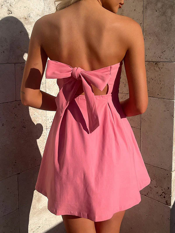 A-Line Loose Backless Pleated Solid Color Split-Joint Tied Tube Mini Dresses