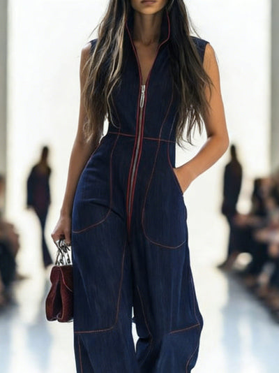 High Waisted Sleeveless Pockets Zipper Stand Collar Jumpsuits