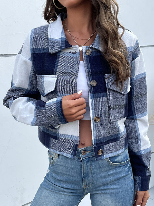 Long Sleeves Loose Buttoned Plaid Pockets Split-Joint Lapel Jackets Outerwear