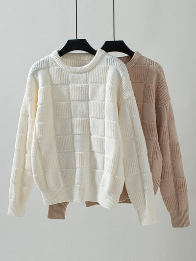 Long Sleeves Loose Solid Color Split-Joint Round-Neck Pullovers Sweater Tops