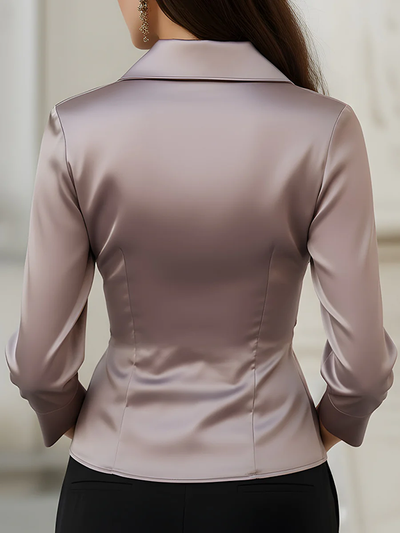 Three-Quarter Sleeves Buttoned Pleated Solid Color Lapel Blouses&Shirts Tops
