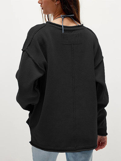 Long Sleeves Loose Solid Color Split-Joint Round-Neck Sweater Tops