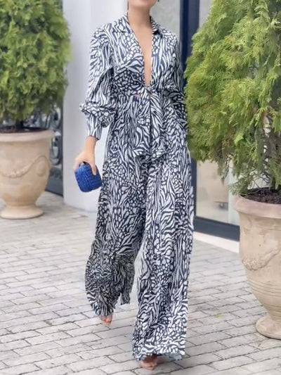 Loose Puff Sleeves Pleated Printed Split-Joint Deep V-Neck Jumpsuits
