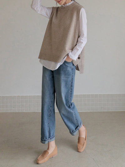 Simple Sleeveless Loose Buttoned Solid Color Round-Neck Sweater Vest Outerwear