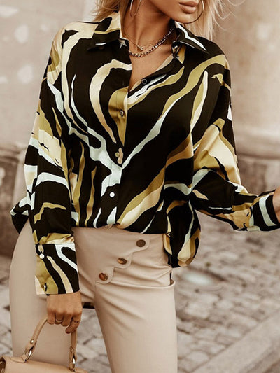 Long Sleeves Loose Buttoned Printed Lapel Blouses&Shirts Tops