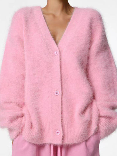 Long Sleeves Loose Buttoned Solid Color V-Neck Cardigan Tops