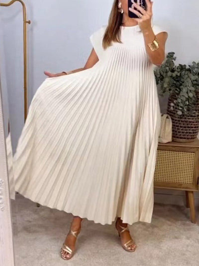 A-Line High Waisted Pleated Pockets Solid Color Split-Joint Round-Neck Maxi Dresses