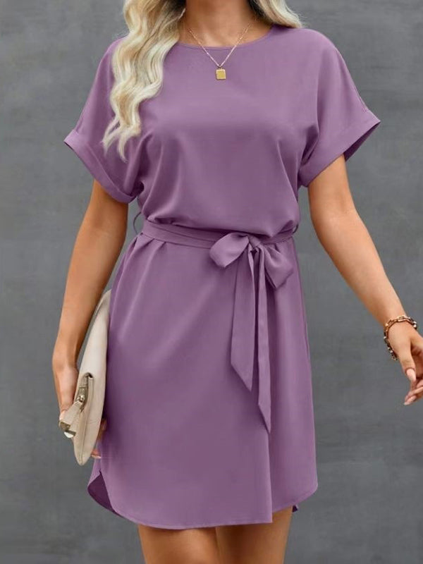 Loose Short Sleeves Solid Color Tied Waist Round-Neck Mini Dresses