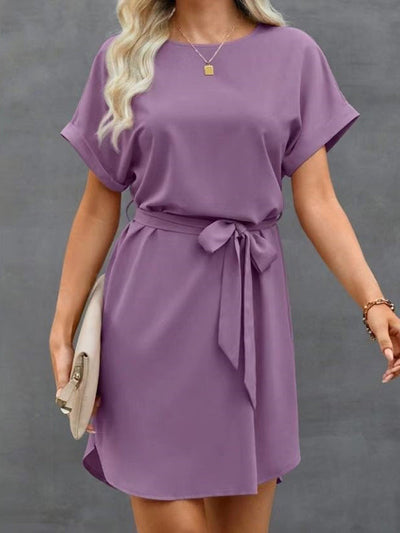 Loose Short Sleeves Solid Color Tied Waist Round-Neck Mini Dresses