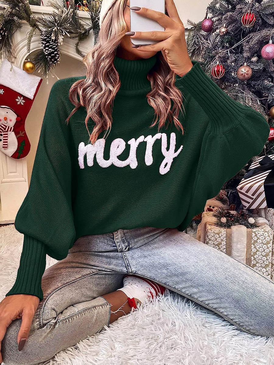 Long Sleeves Loose Contrast Color Printed Split-Joint High Neck Sweater Tops
