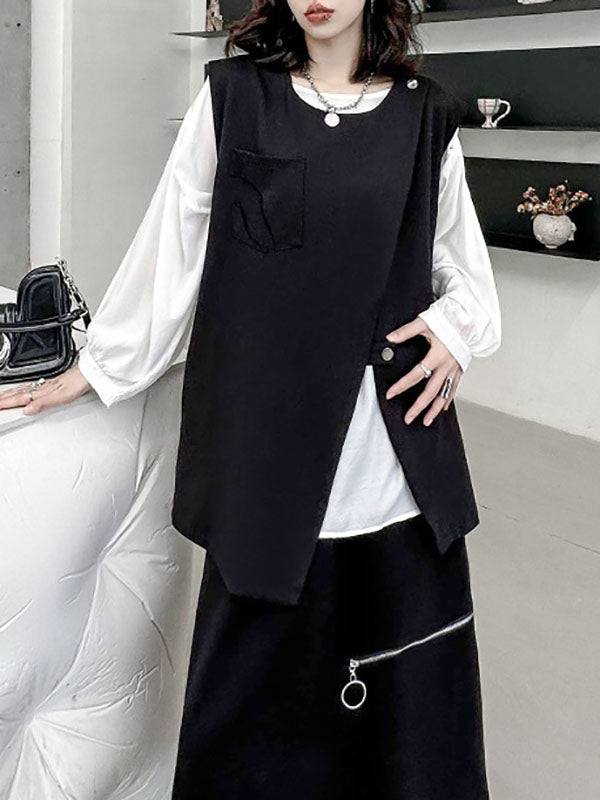 Loose Sleeveless Asymmetric Zipper Round-Neck Vest Top