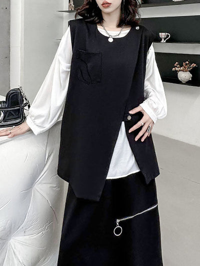 Loose Sleeveless Asymmetric Zipper Round-Neck Vest Top