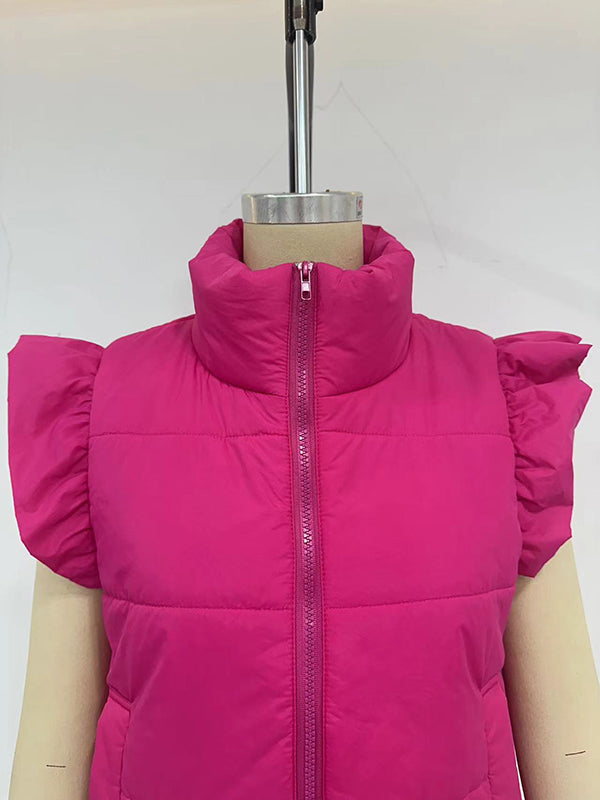 Flared Sleeves Pleated Solid Color Split-Joint High Neck Padded Vest