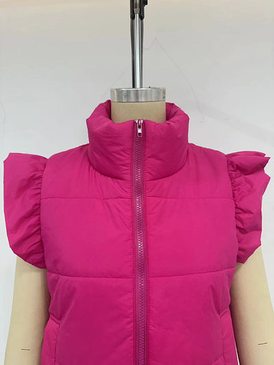 Flared Sleeves Pleated Solid Color Split-Joint High Neck Padded Vest