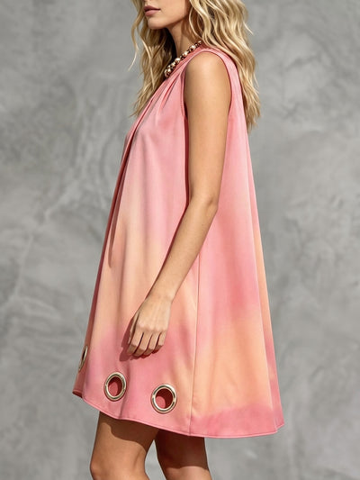 A-Line High-Low Contrast Color Gradient Hollow Pleated Round-Neck Mini Dresses