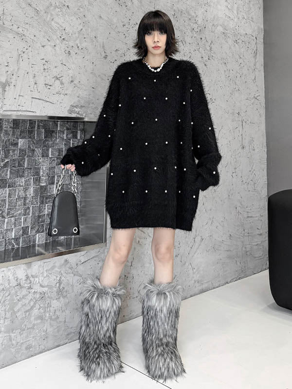 Long Sleeves Loose Beads Contrast Color Shiny Split-Joint Round-Neck Mini Dresses Sweater Dresses