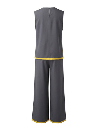 Contrast Color High Waisted Pants + Round-Neck Sleeveless Top Two Pieces Set