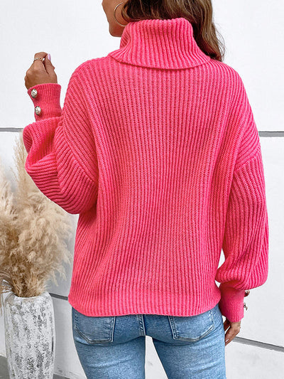 Long Sleeves Loose Buttoned Solid Color Split-Joint High Neck Pullovers Sweater Tops