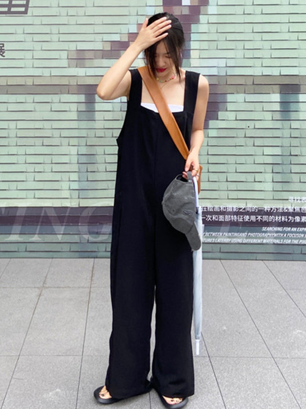 Original Creation Sleeveless Loose Solid Color Square-Neck Overalls