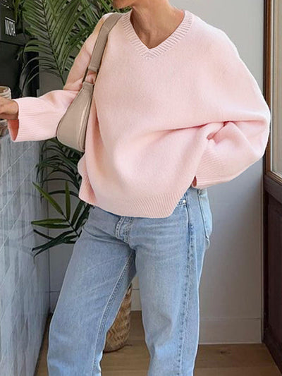 Long Sleeves Loose Ribs Solid Color V-Neck Sweater Tops