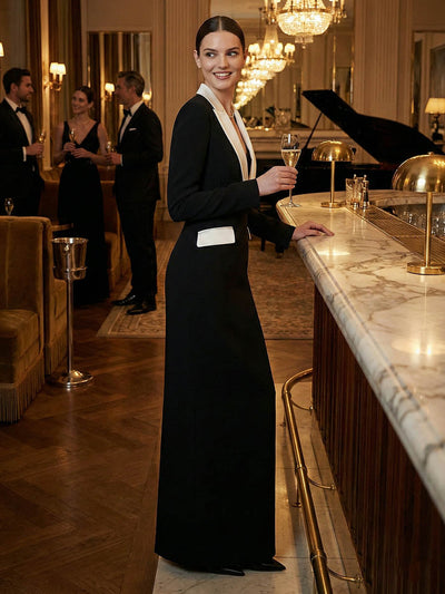 Long Sleeves Contrast Color Deep V-Neck Maxi Dresses