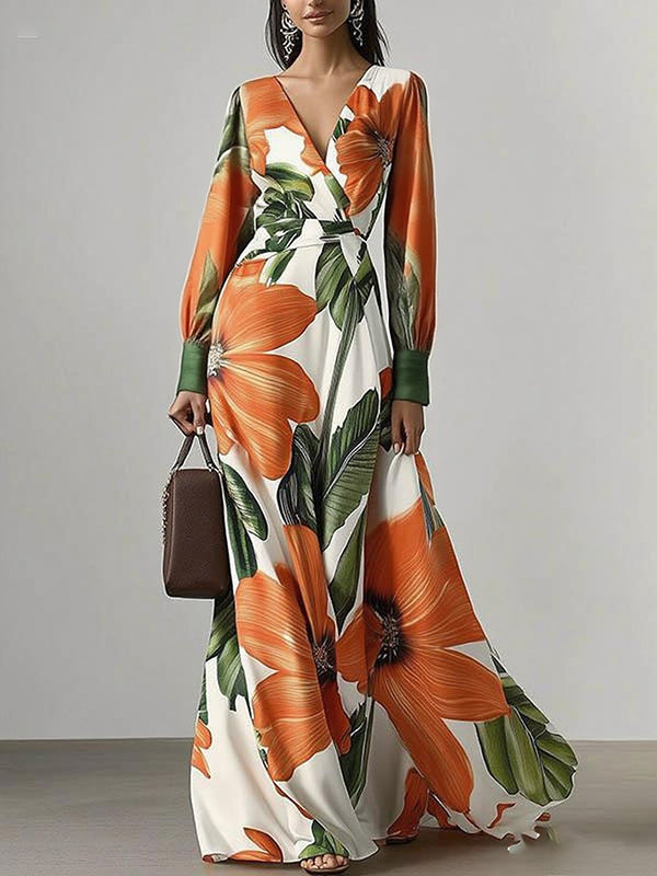 Long Sleeves Loose Flower Print Pleated V-Neck Maxi Dresses