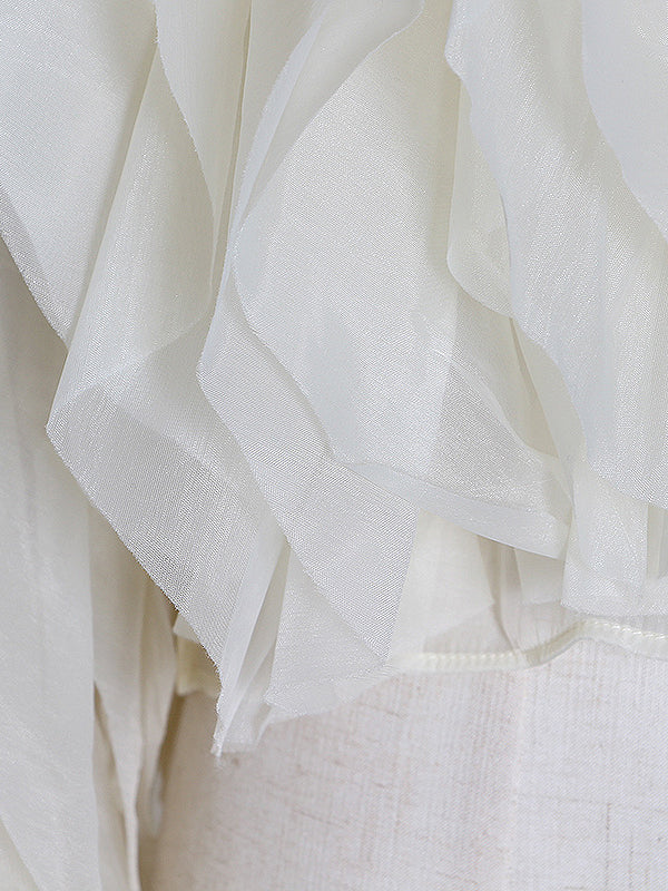 Long Sleeves Loose Lace-Up Solid Color Tiered Round-Neck Blouses&Shirts Tops