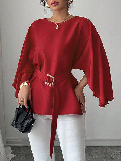 Batwing Sleeves Split-Joint Tied Waist Round-Neck Blouses&Shirts Tops