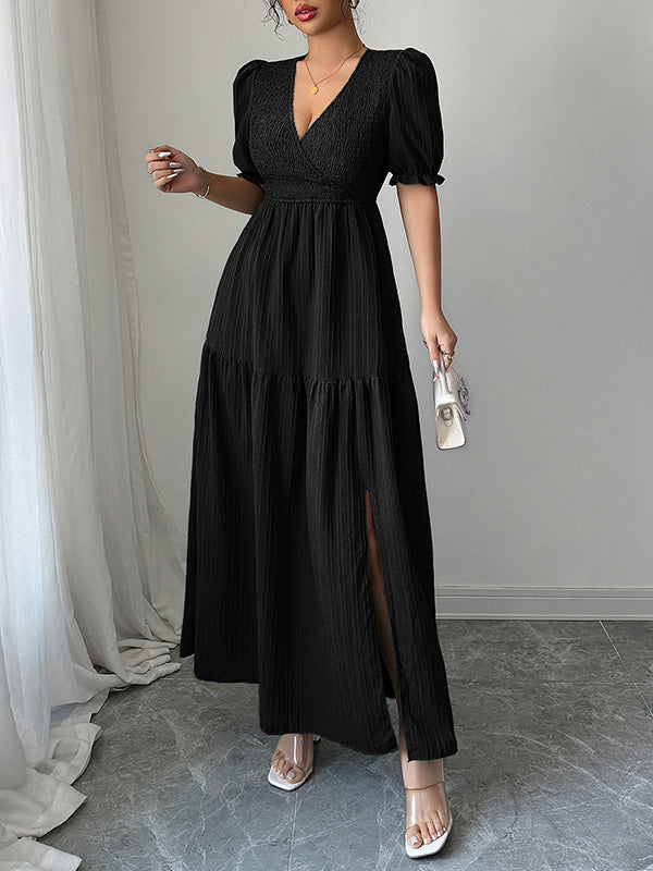 Half Sleeves High Waisted Pleated Solid Color Split-Front V-Neck Maxi Dresses