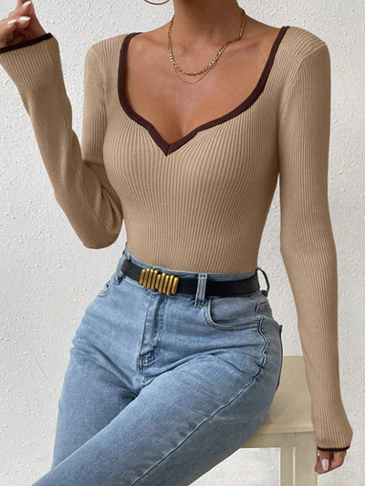 Long Sleeves Skinny Contrast Color Pleated Split-Joint V-Neck T-Shirts