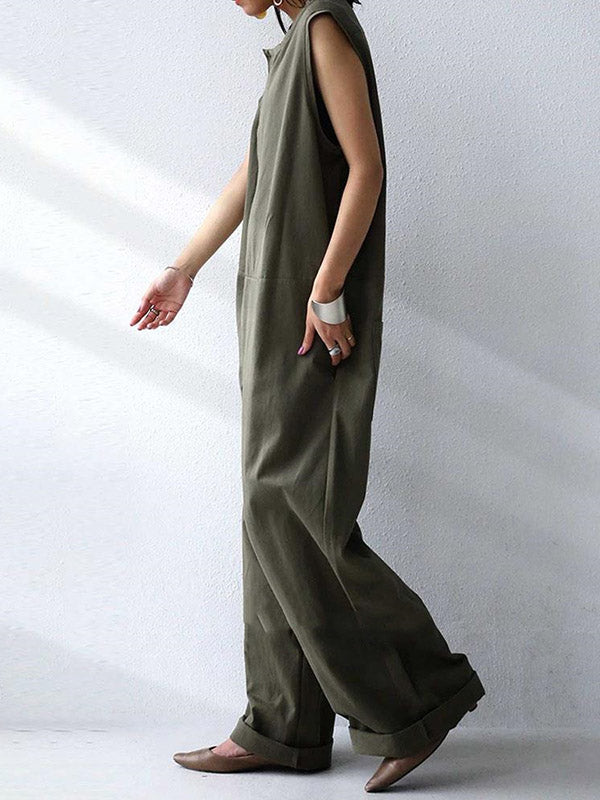Casual Solid Color Round-Neck Sleeveless Wide Leg Jumpsuits