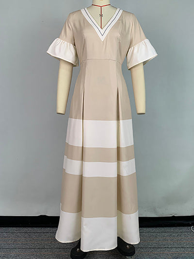 A-Line Flared Sleeves Contrast Color Pleated V-Neck Maxi Dresses