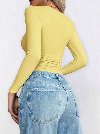 Long Sleeves Skinny Solid Color U-Neck T-Shirts Tops