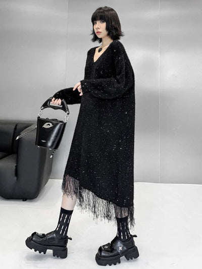 Irregularity Long Sleeves Contrast Color Sequined Shiny Split-Joint Tasseled V-Neck Midi Dresses Sweater Dresses
