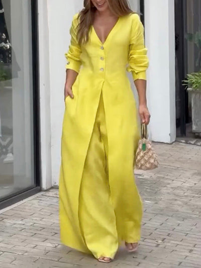 High Waisted Long Sleeves Buttoned Pockets Solid Color V-Neck Jumpsuits