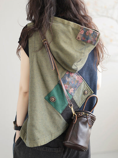 Artistic Retro Loose Denim Sleeveless Buttoned Contrast Color Hooded Vest Outerwear