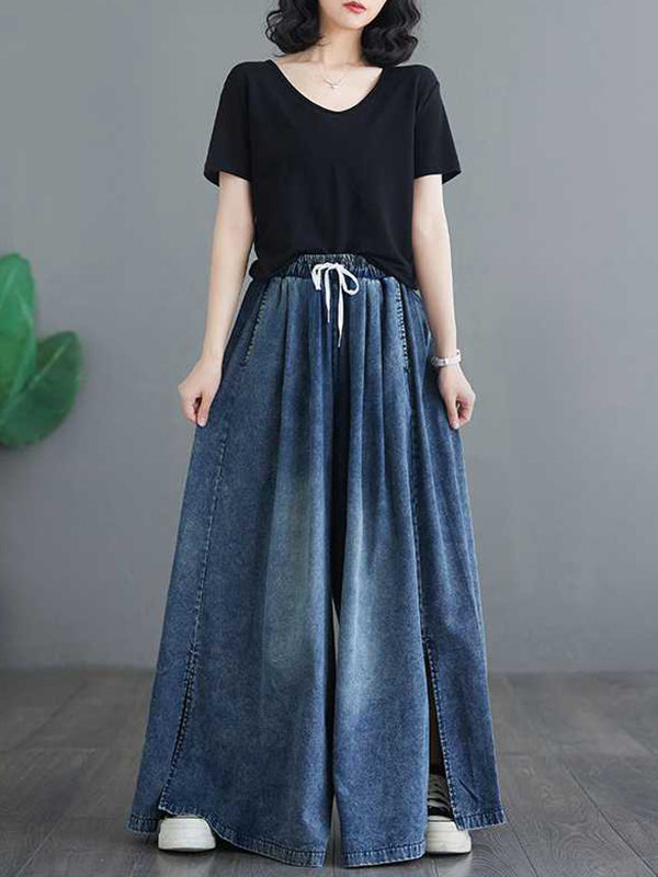 Loose Wide Leg Drawstring Split-Side Jean Pants Bottoms Trousers