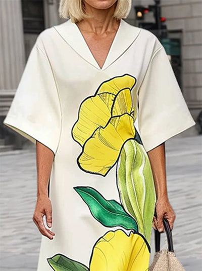 Batwing Sleeves Loose Floral Printed Split-Joint V-Neck Maxi Dresses