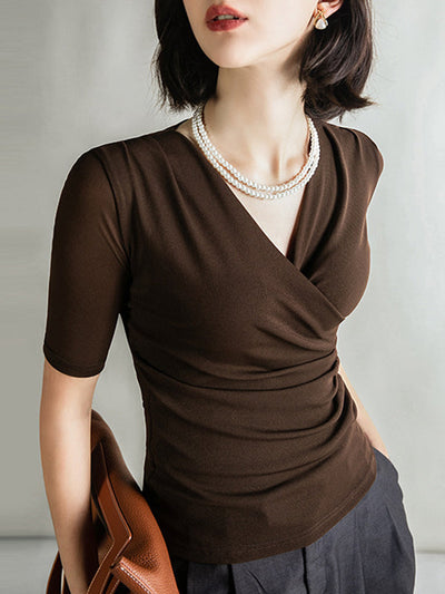 Half Sleeves Skinny Pleated Solid Color V-Neck T-Shirts Tops