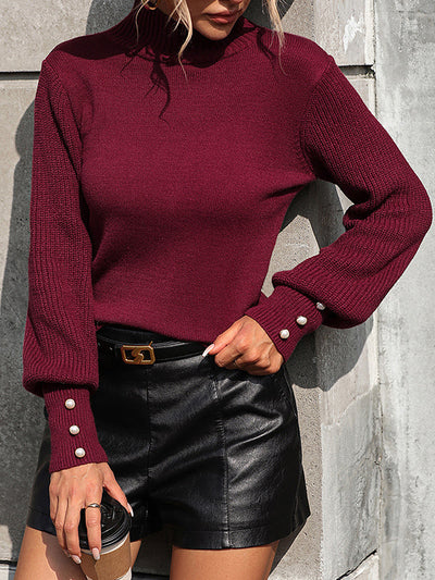 Long Sleeves Loose Beaded Split-Joint High-Neck Knitwear Pullovers Sweater Tops