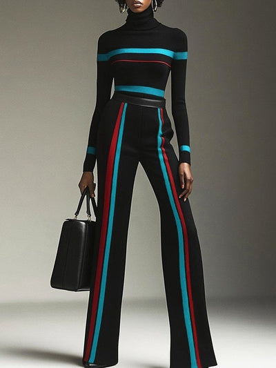 Long Sleeves Contrast Color Striped High Neck Pullovers Sweater Tops