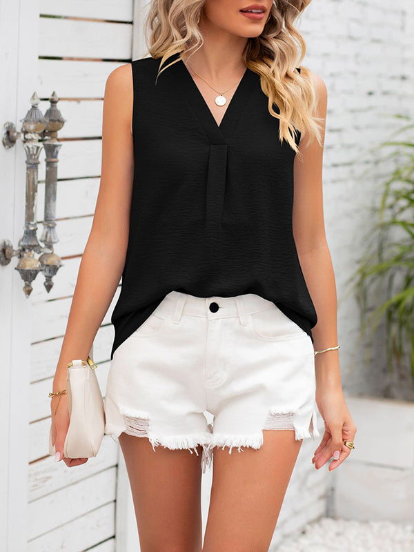 Loose Sleeveless Solid Color V-Neck Vest Top