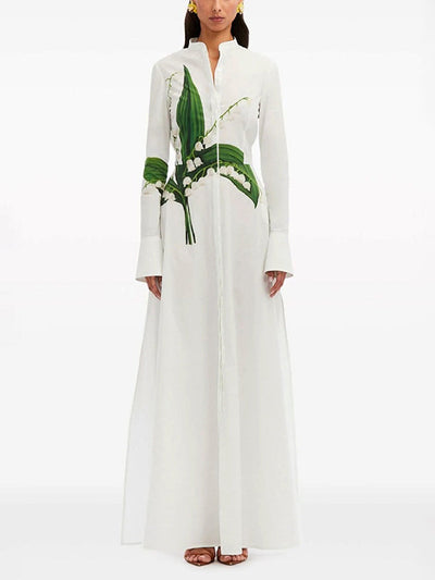 A-Line Long Sleeves Buttoned Flower Print Round-Neck Maxi Dresses