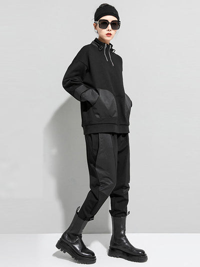 Casual Long Sleeves Loose Solid Color Zipper High-Neck Sweatshirt Tops