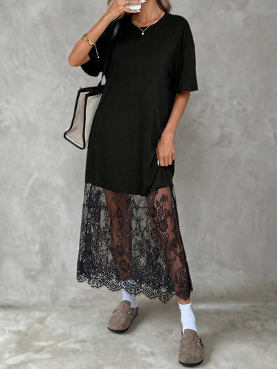 Loose Short Sleeves See-Through Solid Color Split-Joint Round-Neck Maxi Dresses