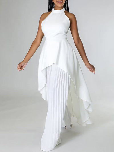 Loose Backless Lacy Solid Color Halter-Neck Vest Top + High-Low Pants Bottom Two Pieces Set