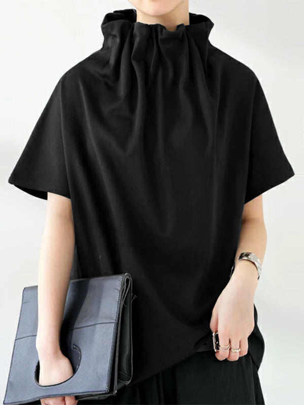 Loose Short Sleeves Solid Color Stand Collar T-Shirts Tops